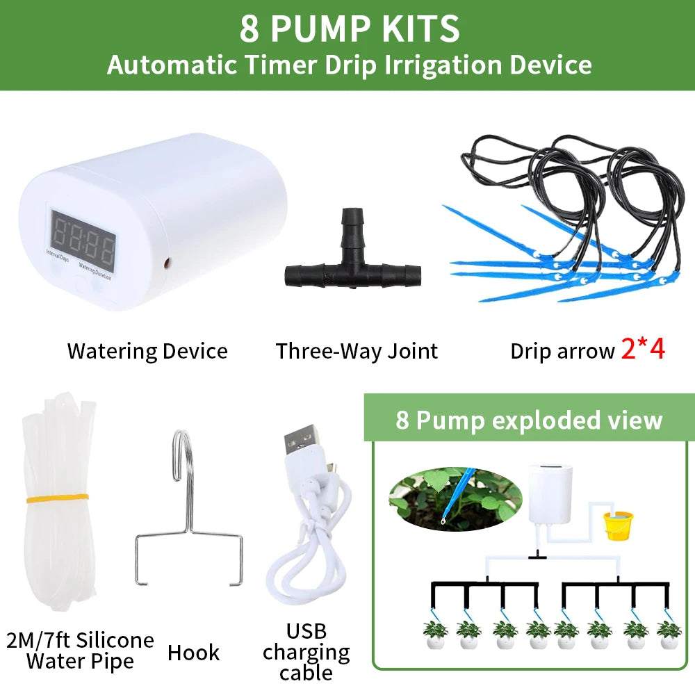 Automatic Plant Watering System with Timer Drip Irrigation Pump for Home Garden 2 to 16 Heads