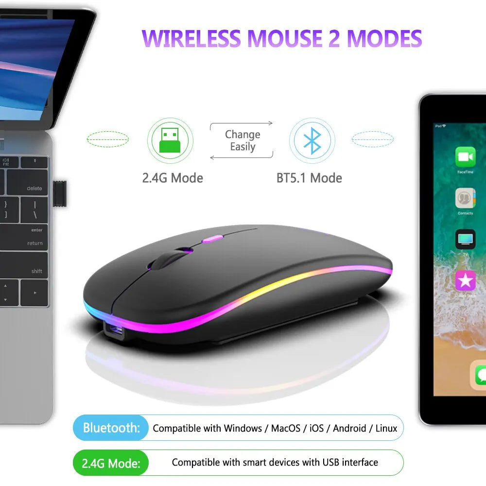 Wireless Mouse Bluetooth and 2.4GHz Dual Modes RGB Ergonomic Silent Click for PC iPad Laptop