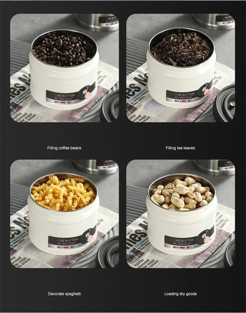 Coffee Bean Vacuum Sealed Canister 304 Stainless Steel Press Type Storage for Grains Tea and Nuts Kitchen Crisper Box