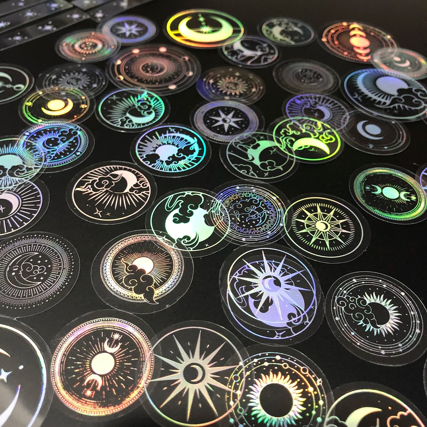 70 Pcs Glitter Gold PET Adhesive Stickers Waterproof Transparent Label Sun Moon Stars Design