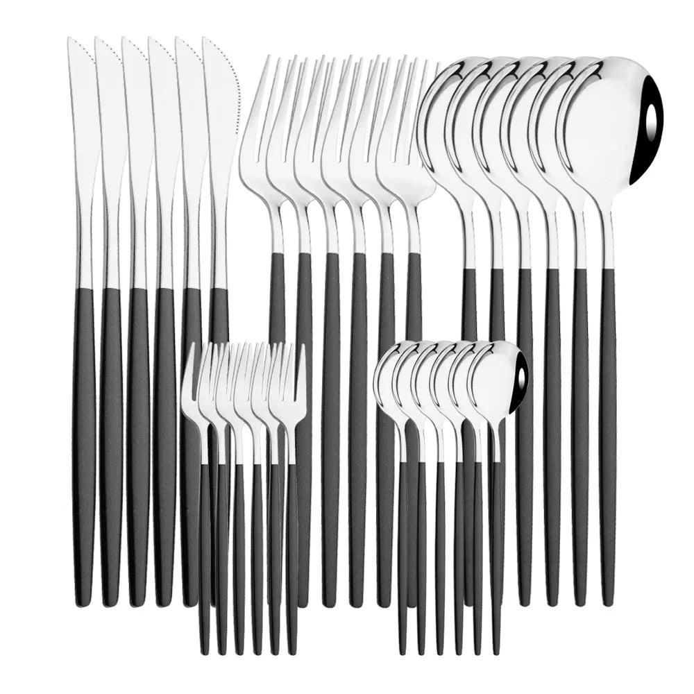 30 Piece Black and Gold Stainless Steel Cutlery Set Durable Dinnerware with Knives Forks and Spoons