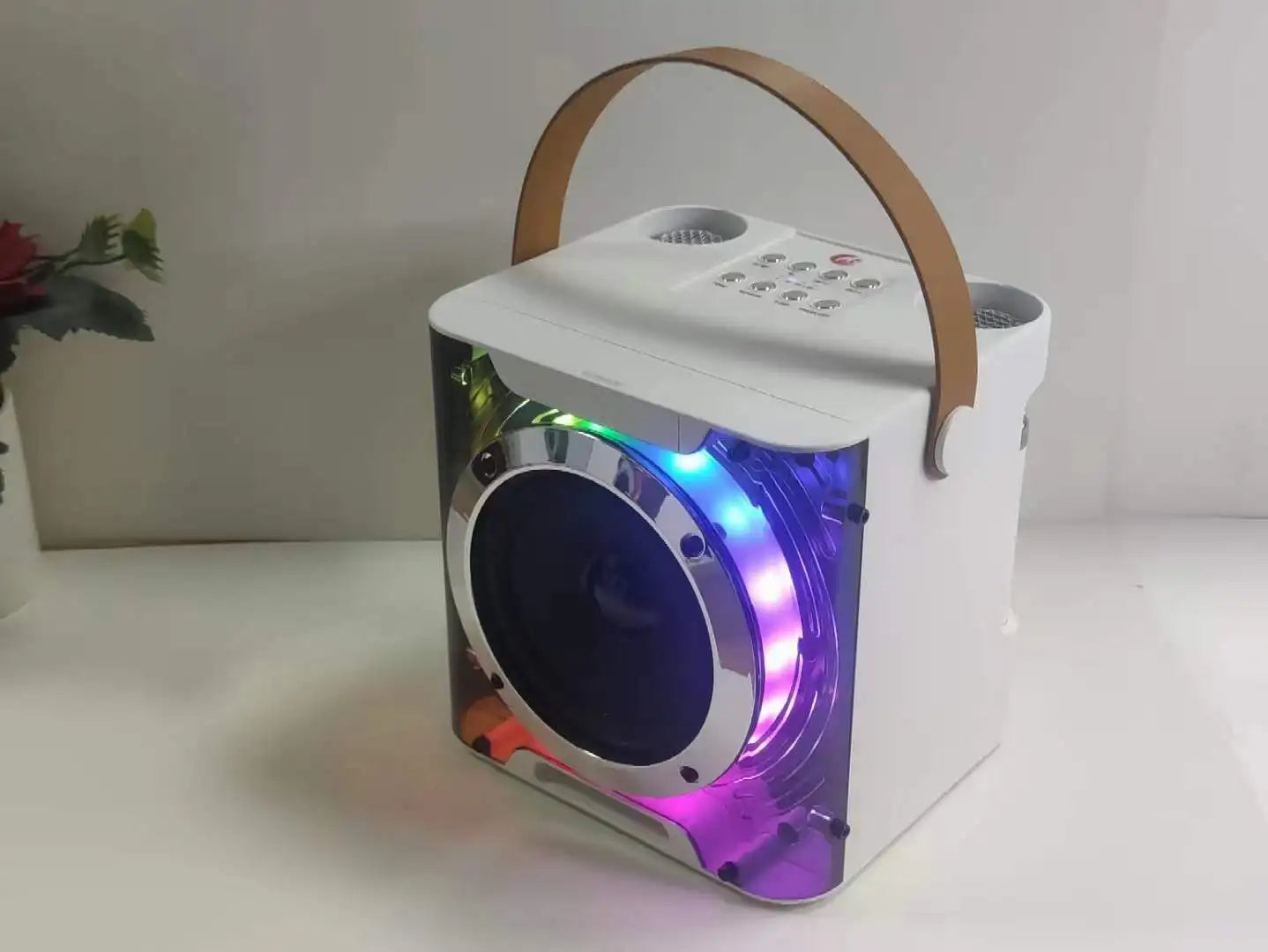 High Power Karaoke Bluetooth Speaker with 360 Stereo Surround Sound and RGB Rhythm Lights Wireless Subwoofer and Dual Microphones