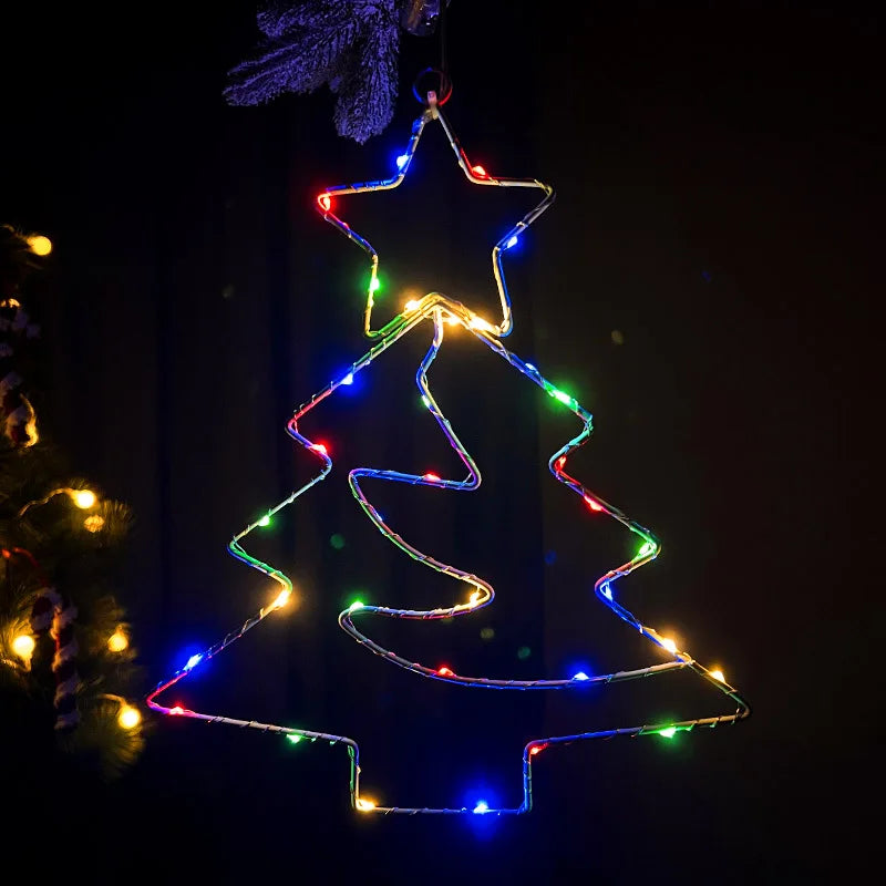Xmas Tree Iron Frame LED Light String Window Hanging Ornament for 2024 Christmas and 2025 New Year Home Decoration