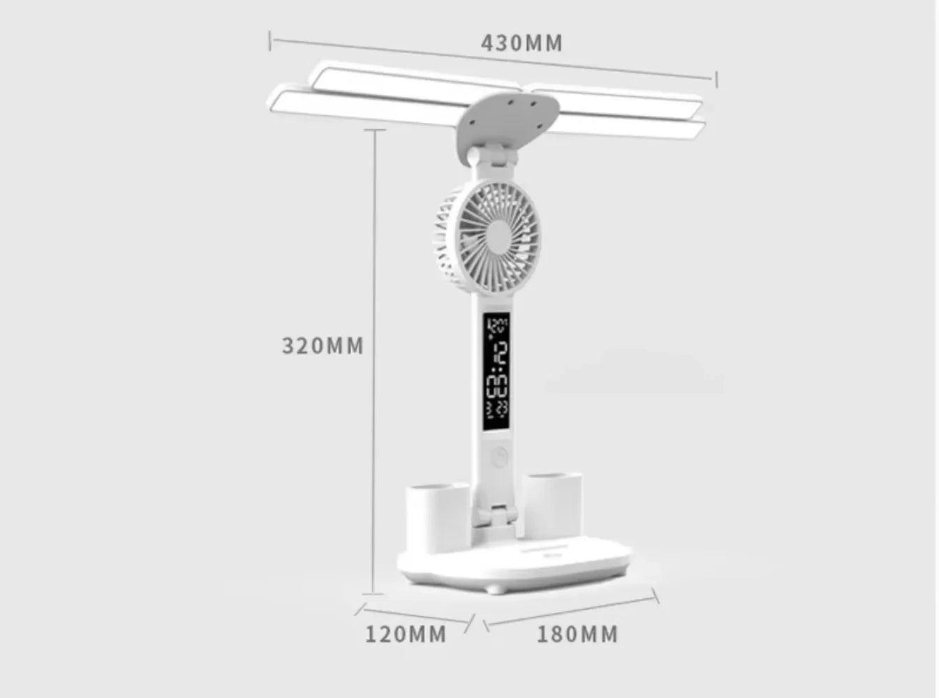 Multifunctional 3 Color LED Desk Lamp with Clock Fan and USB Charging Four Headed Folding Design