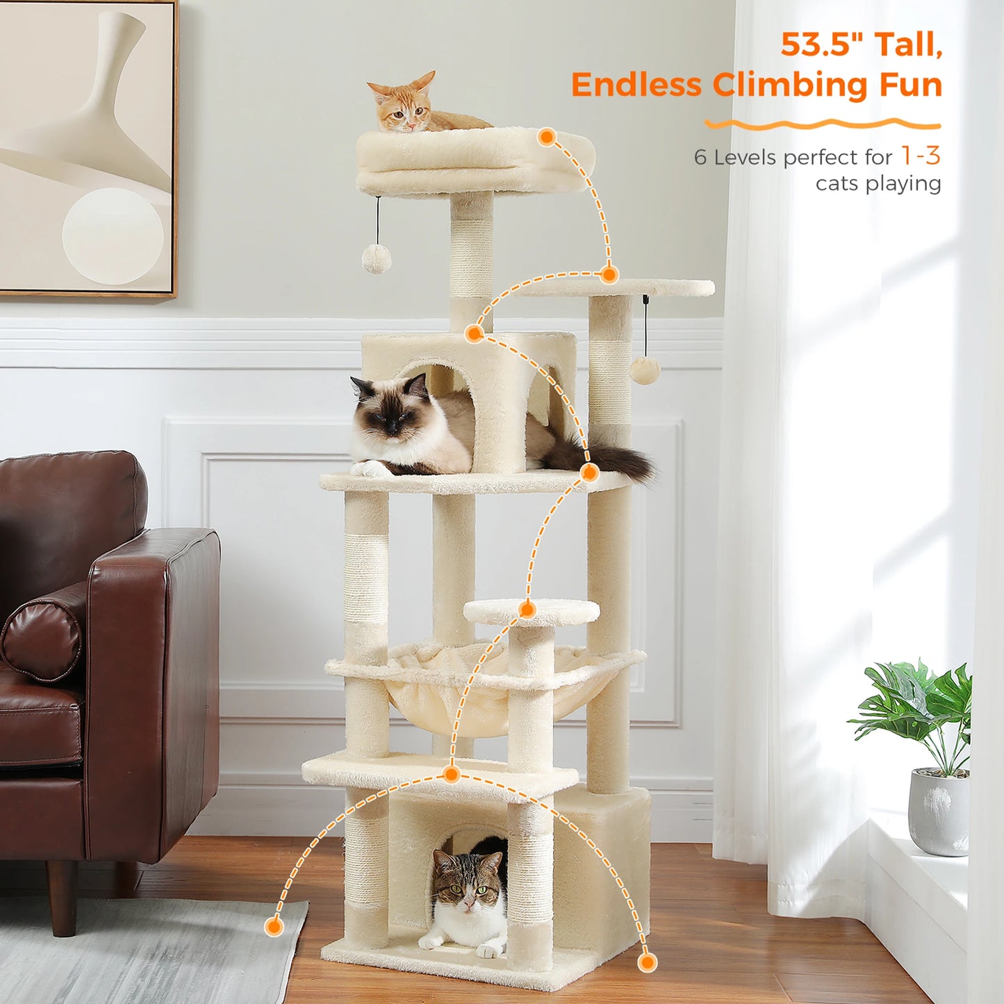 184cm Large Cat Tree and Tower for Indoor Cats With Scratching Posts and Spacious Hammocks