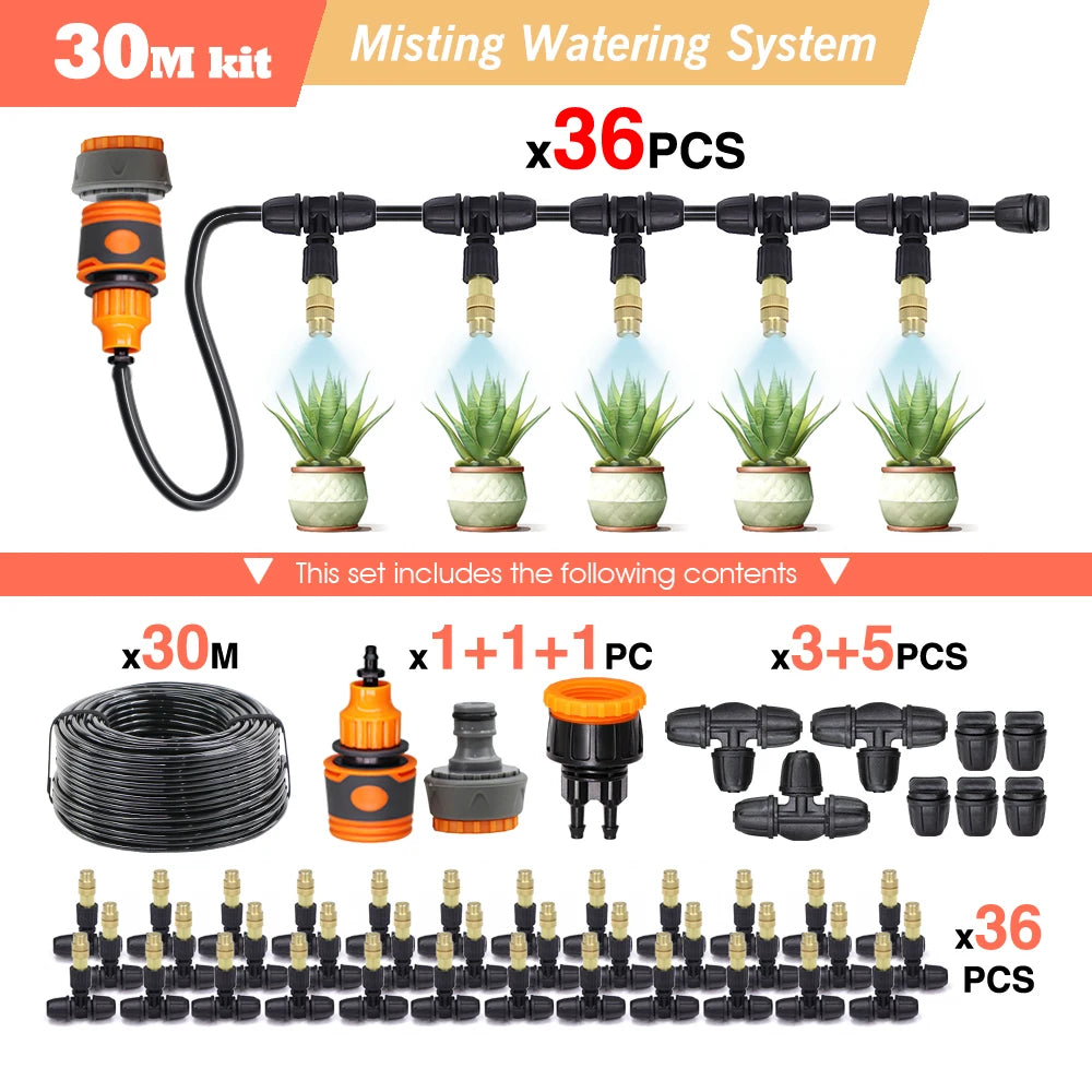 Garden Misting Irrigation Kit 10/20/30M 1/4 Inch Hose with Brass Nozzle for Balcony Greenhouse and Lawn Cooling