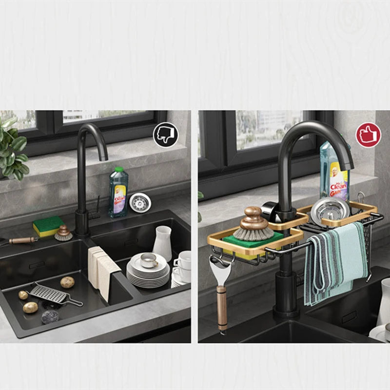 Aluminum Sink Drain Rack Sponge Holder and Soap Organizer Bathroom Kitchen Accessory