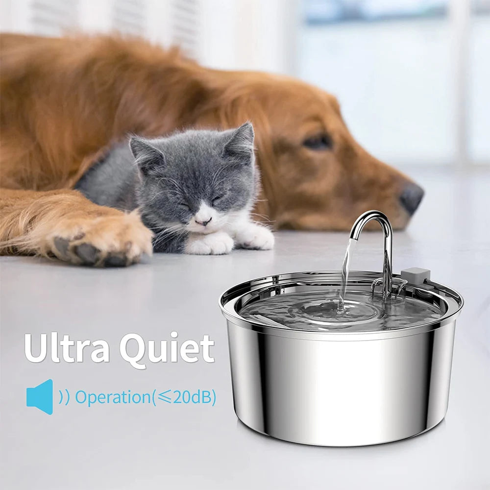 Stainless Steel Pet Water Feeder Cat Automatic Fountain USB Mute Filter Bowl