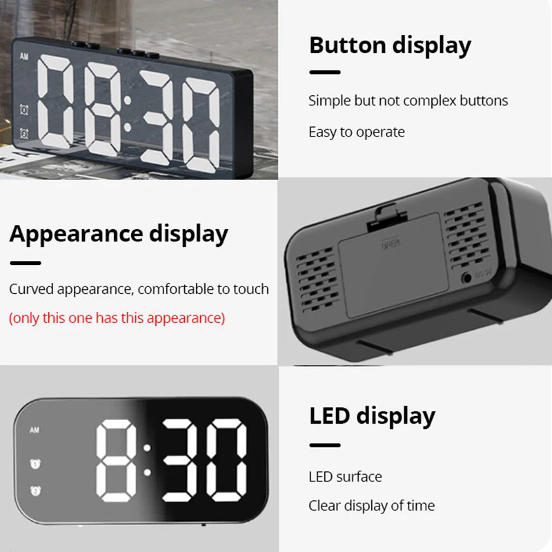 LED Mirror Table Clock Digital Alarm with Snooze Display