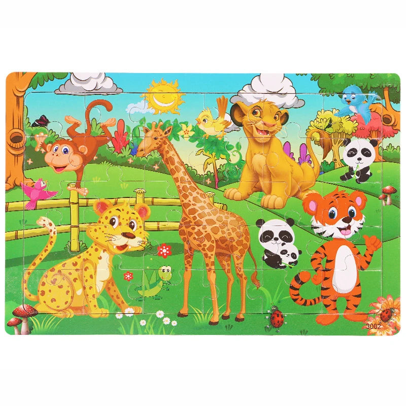 30 Pieces Wooden Jigsaw Puzzle Kids Cartoon Animal Vehicles