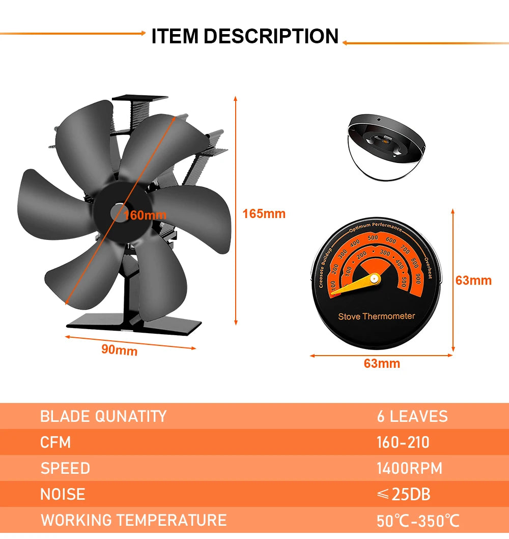 Ventilador de estufa alimentado por calor, silencioso, color negro, con 6 aspas, para chimenea de leña, calentador de invierno, distribución eficiente del calor