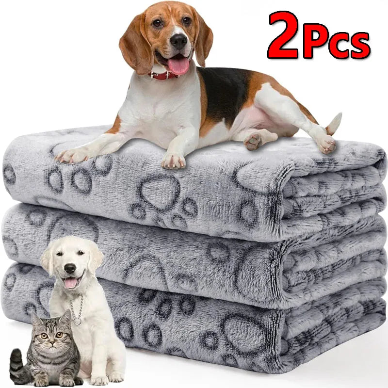 2PCS Soft Fluffy High Quality Pet Blanket Cute Cartoon Pattern Paw Print Dog Pet Mat Warm and Comfortable Blanket for Cat Dogs