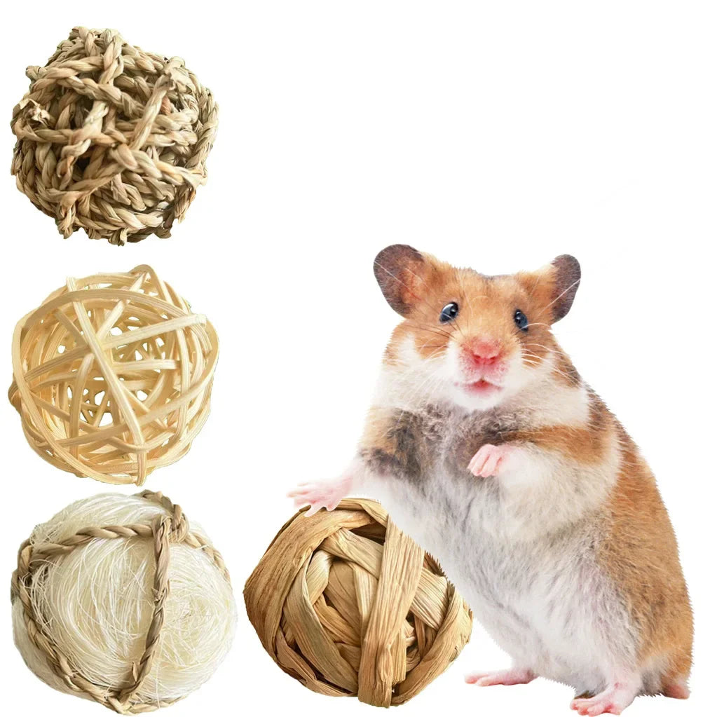 Natural Small Pet Chew Toys for Rabbit, Guinea Pig, Hamster Grass Balls Wood Hanging Toys, Teeth Grinding & Boredom Relief