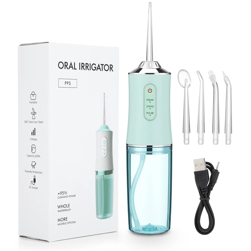 Irrigador bucal portátil, irrigador bucal con chorro de agua, recargable por USB, 4 boquillas, 220 ml, 3 modos, IPX7, 1400 rpm
