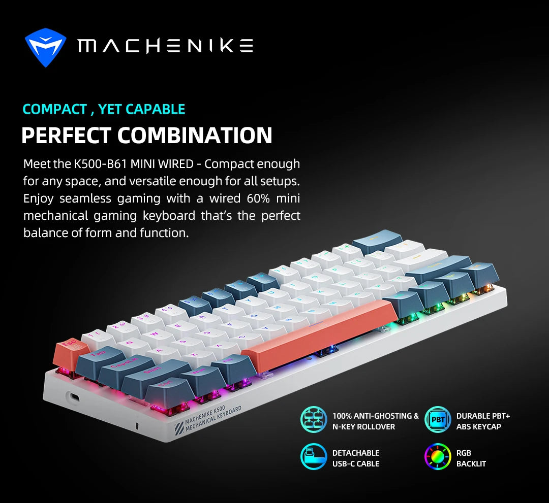 Mini teclado mecánico Machenike K500-B61, factor de forma del 60 %, 61 teclas, teclado para juegos con cable, teclas completas, retroiluminación RGB intercambiables en caliente
