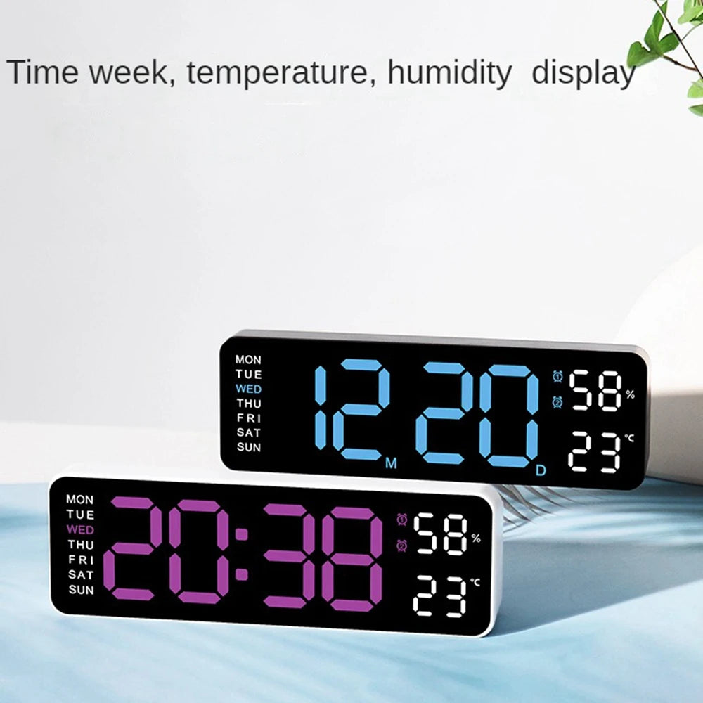 Large Digital Wall Clock with Temperature and Humidity Display Adjustable Brightness LED Alarm Clock 12/24 Hour Format