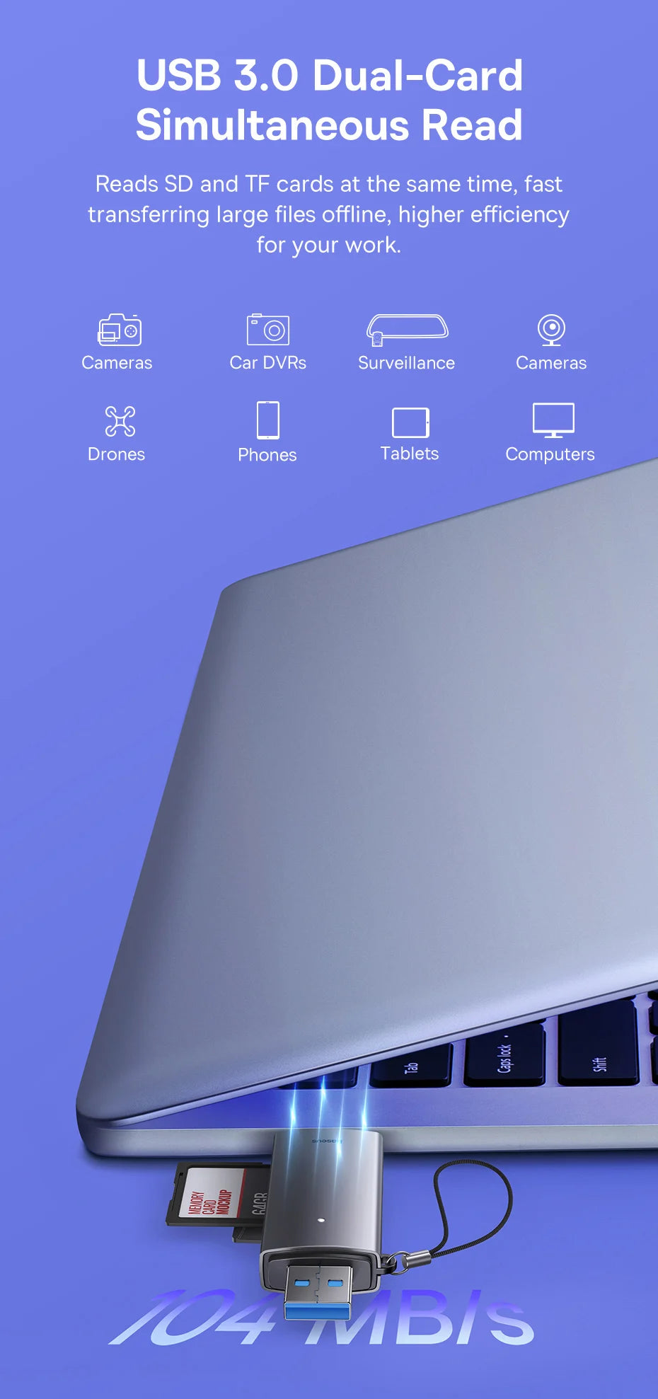 Lector de tarjetas Baseus USB C y USB 3.0 a SD Micro SD TF Dispositivo de tarjeta de memoria 104 MB/s 2 TB Lector de tarjetas inteligentes para accesorios para computadora portátil