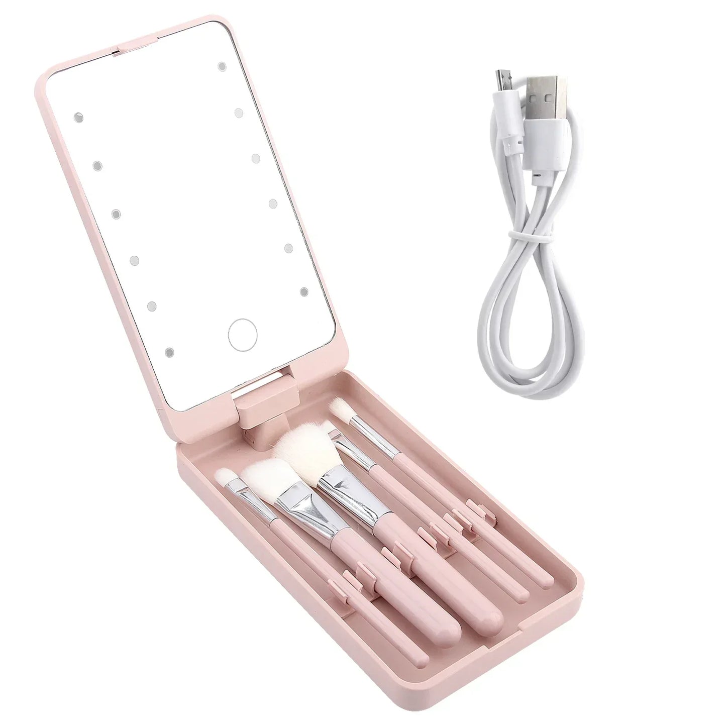 Lighted Rotatable Makeup Mirror with 5 Essential Makeup Brushes Portable Beauty Accessory for Travel