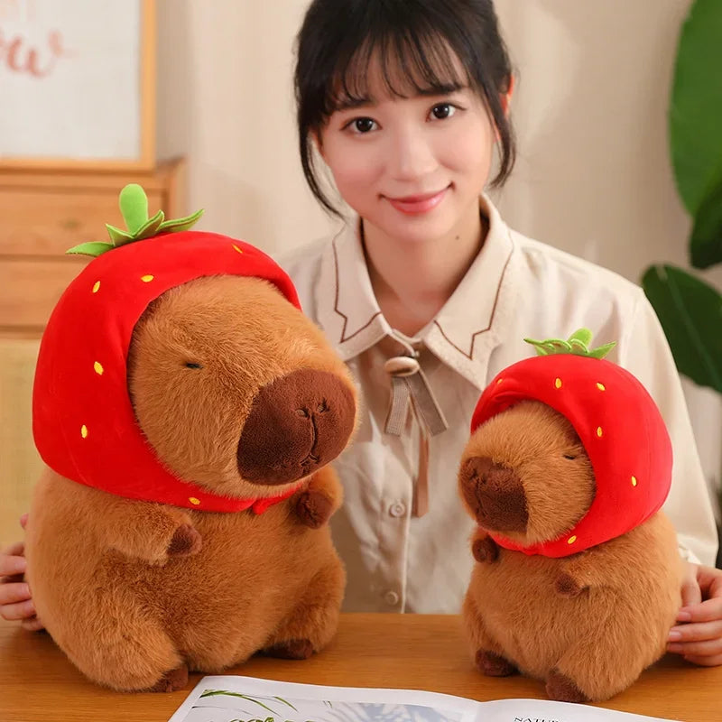 Strawberry Hat Capybara Plush Toy with Turtle Backpack Pendant