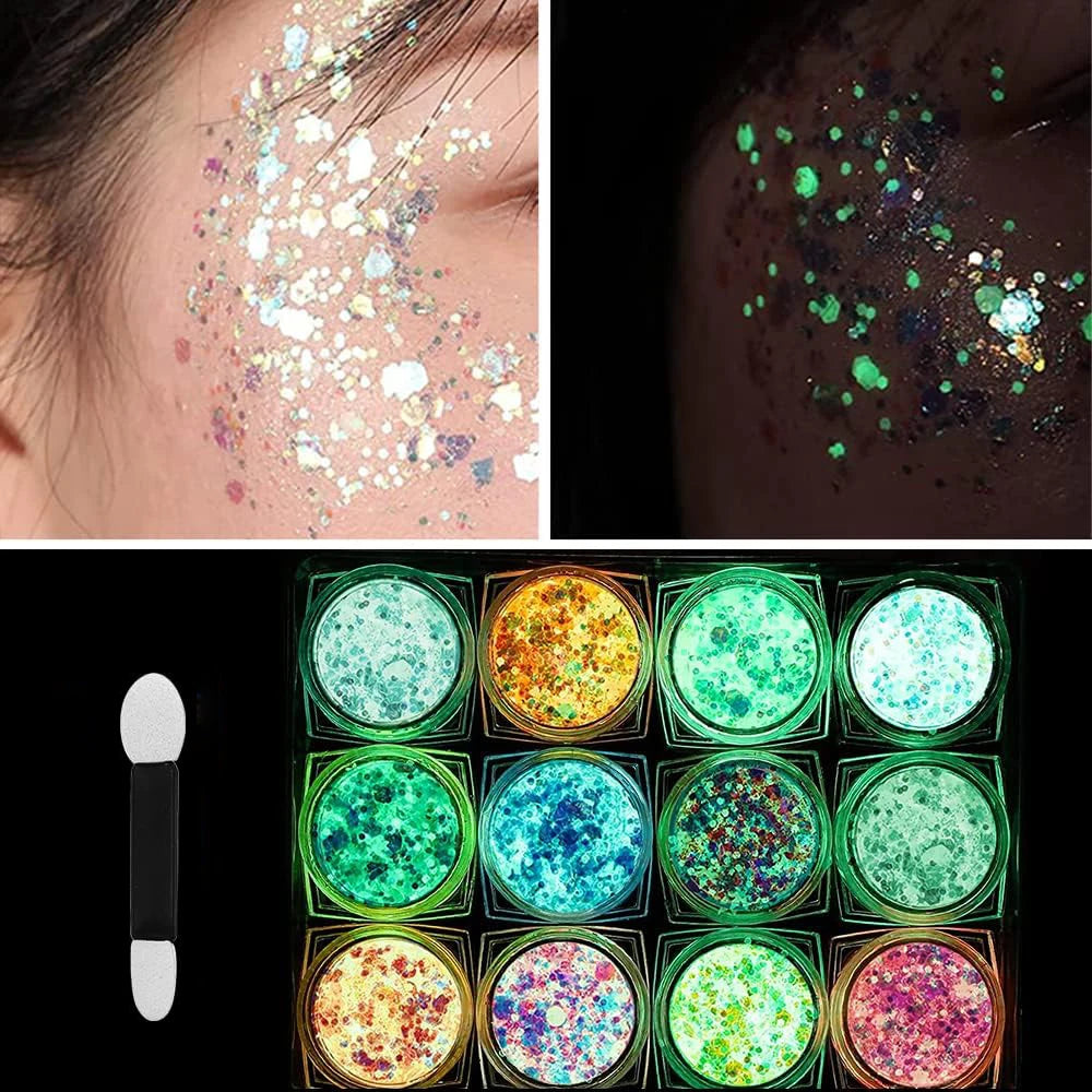 12 Colors Glow in The Dark Glitter Gel Makeup for Festivals and Parties UV Body and Face Glitter
