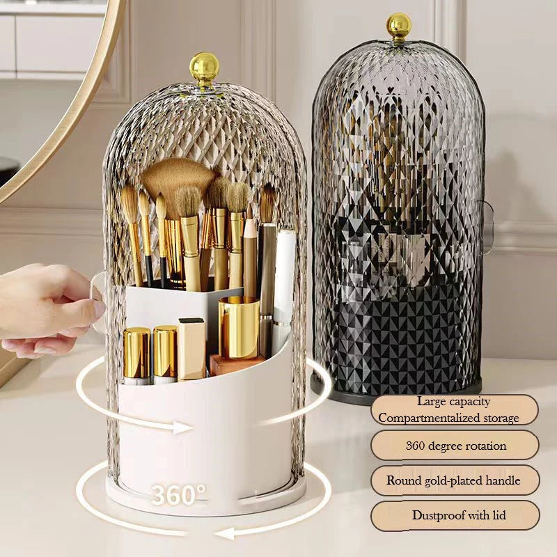 Makeup Brush Holder with Lid Diamond Birdcage 360 Rotating Organizer