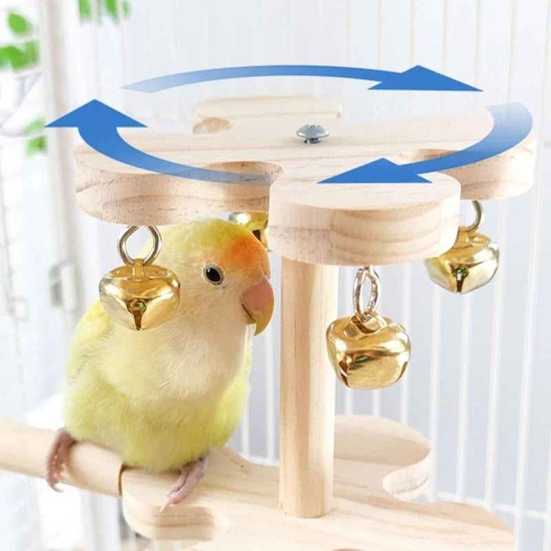 Interactive Bird Perch Toy for Parrots with Sounding Bells 360 Degree Rotation and Wooden Design Birdcage Engagement Toy