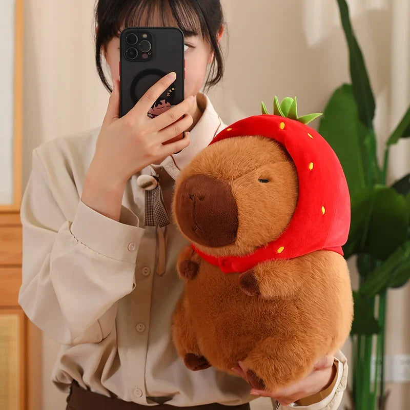 Strawberry Hat Capybara Plush Toy with Turtle Backpack Pendant