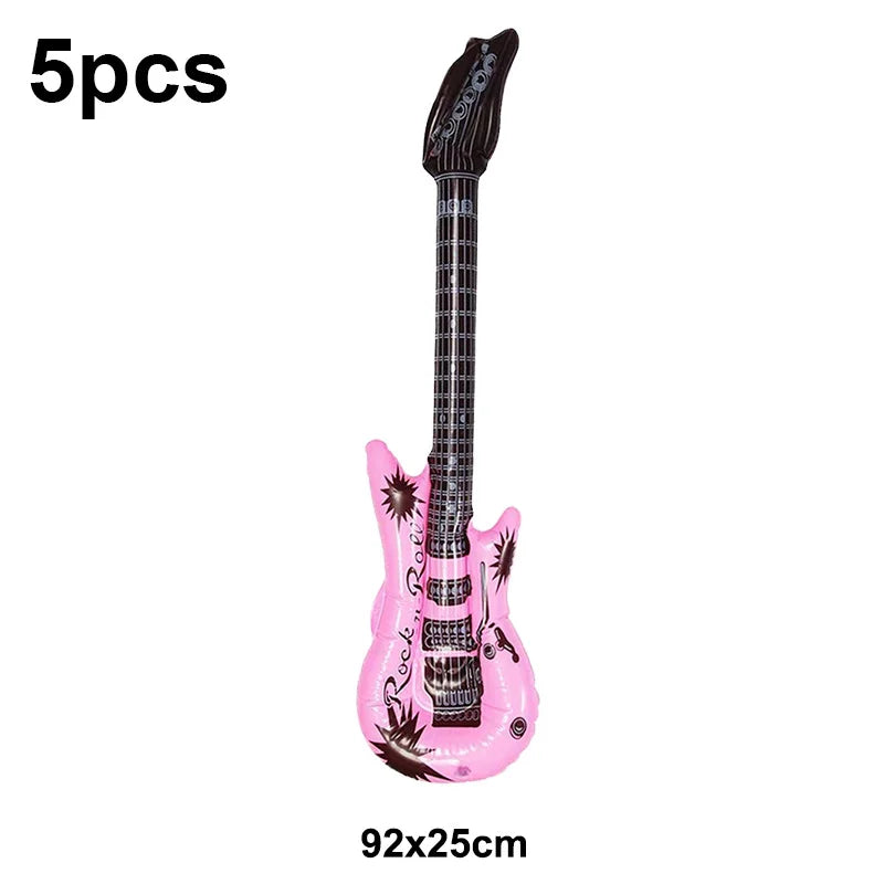 5 Piece PVC Musical Instrument Inflatable Balloon Set with Guitar and Microphone for Kids Birthday and Retro Party Decorations