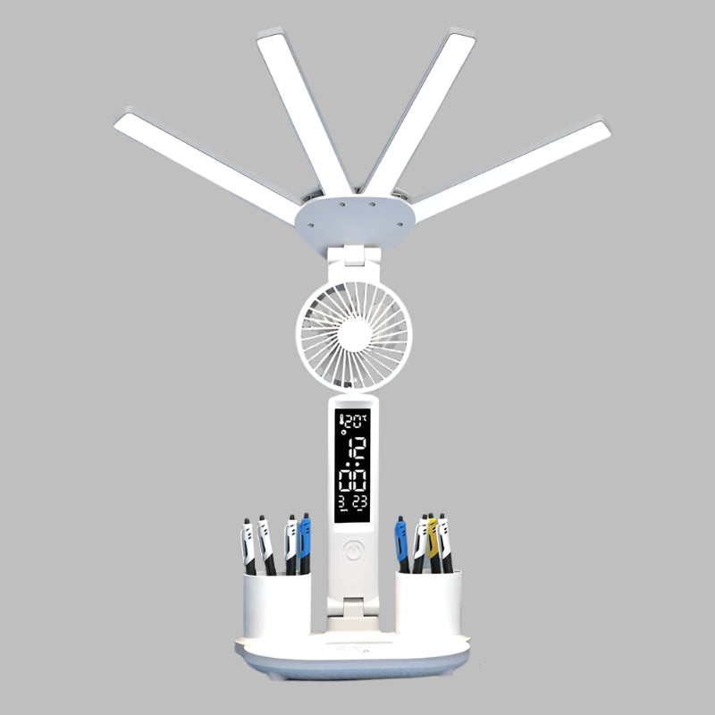 Multifunctional 3 Color LED Desk Lamp with Clock Fan and USB Charging Four Headed Folding Design