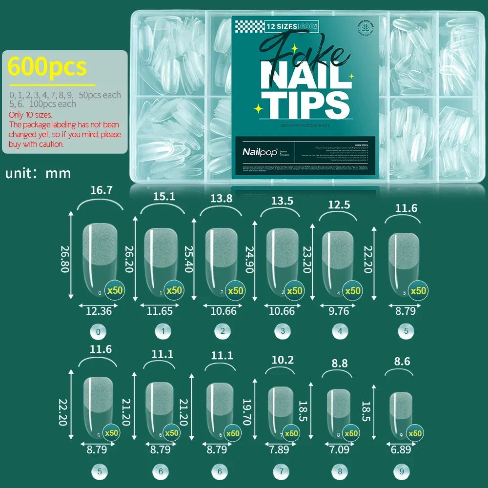 Nailpop 600PCS Full Cover Medium Length Ballerina Nail Tips