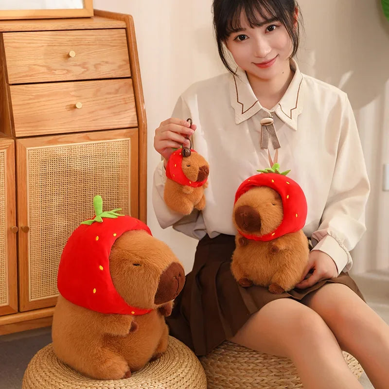 Strawberry Hat Capybara Plush Toy with Turtle Backpack Pendant