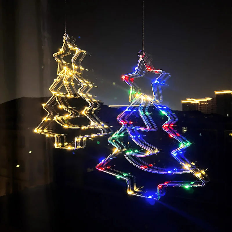 Xmas Tree Iron Frame LED Light String Window Hanging Ornament for 2024 Christmas and 2025 New Year Home Decoration