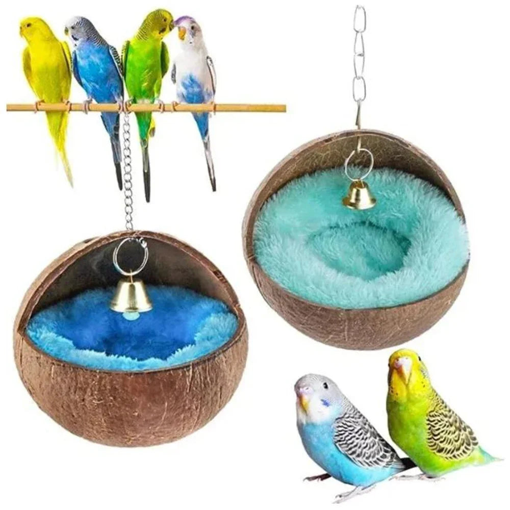 Bird Coconut Shell Nest Hanging Natural Coconut Shell with Cushion Parrot Hammock Swing House Bird Cage Accessories