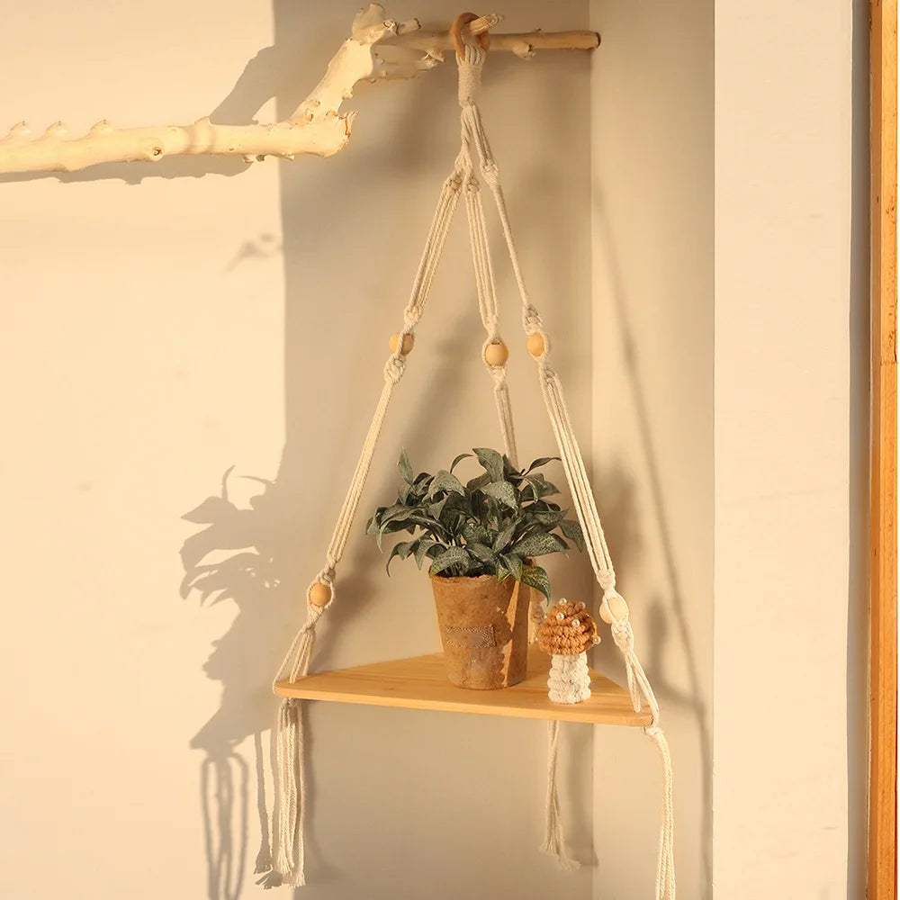 Wooden Wall Shelves Boho Floating Macrame Hangers Rustic Decor