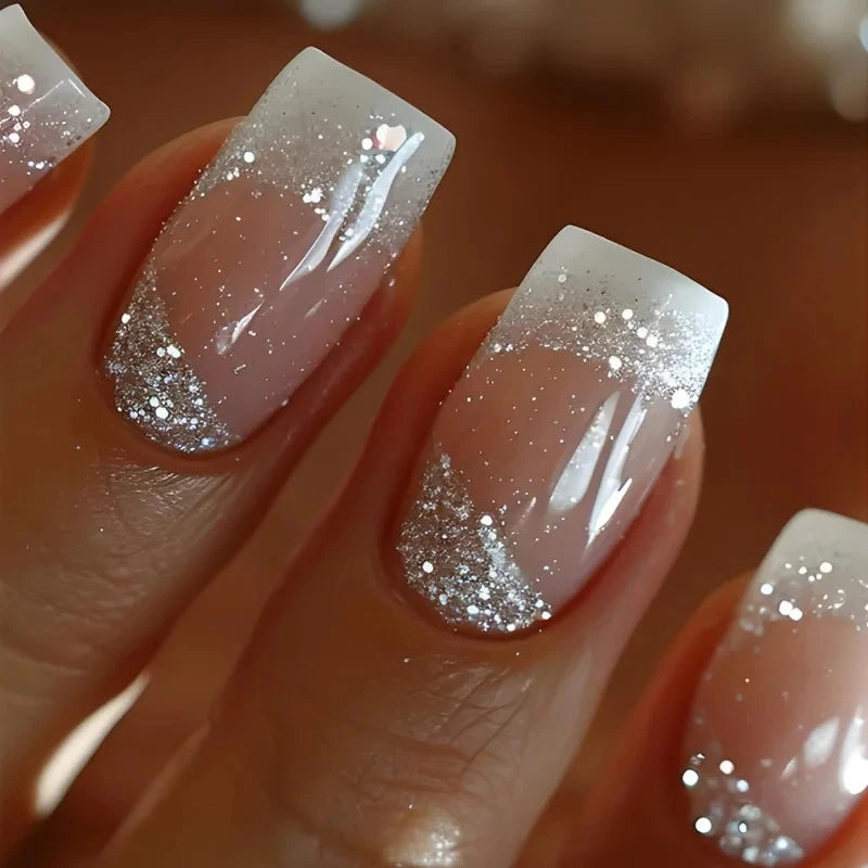 24 Pcs Fake Nails with Design White French Glitter Press On Nails