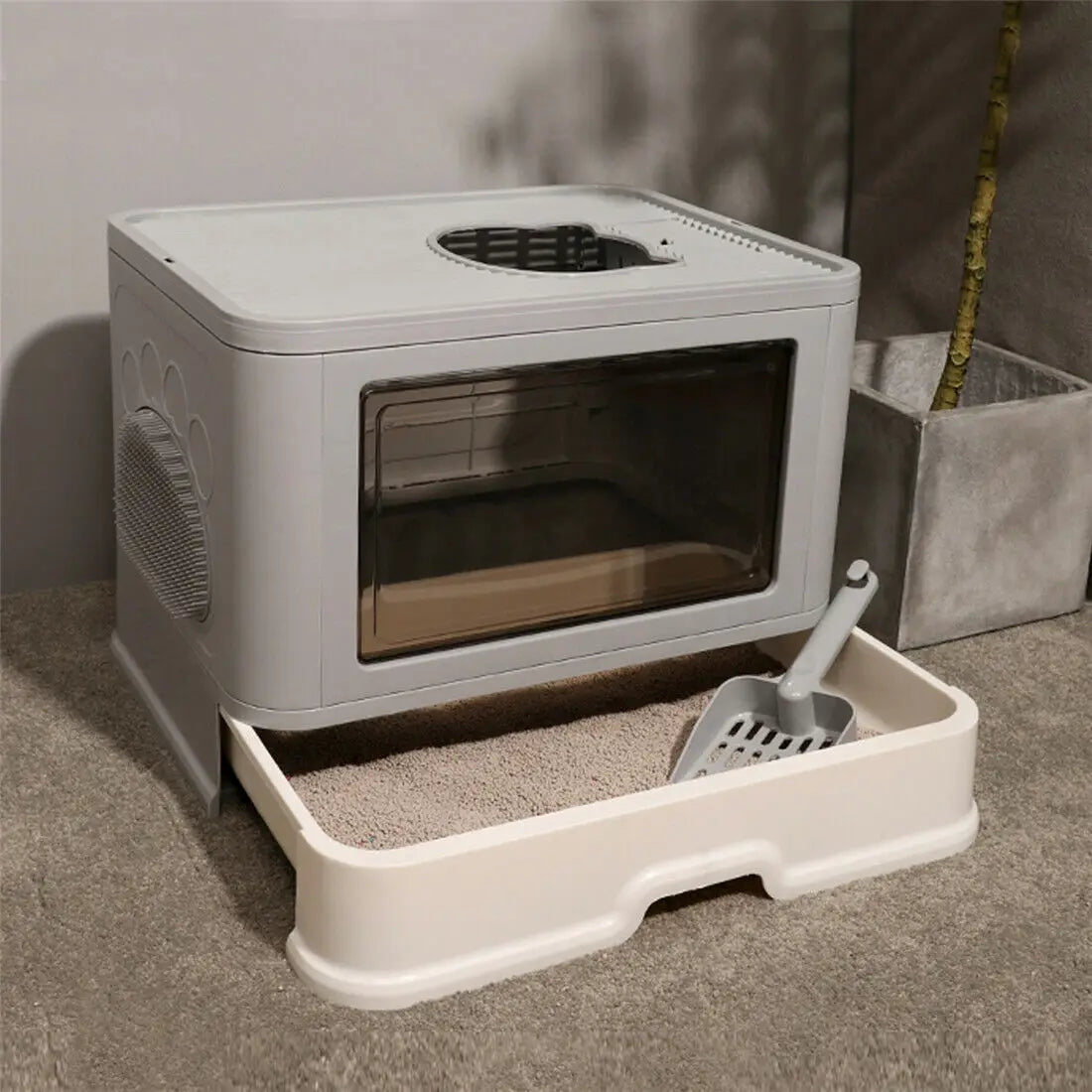 Foldable Cat Litter Box with Massager Scoop and Dual Access