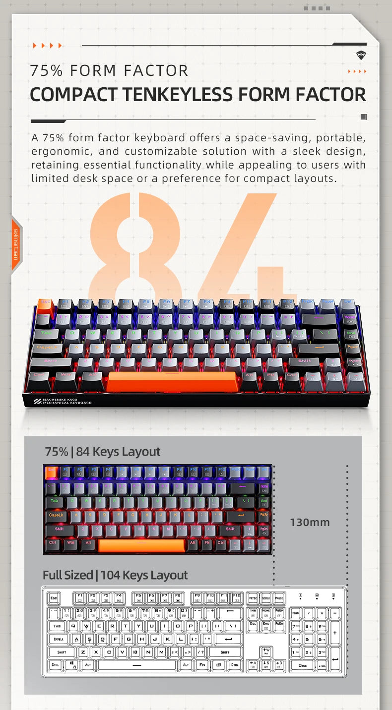 Teclado mecánico Machenike K500A-B84 con 75 % de TKL, intercambiable en caliente, con cable, retroiluminación de 6 colores, 84 teclas para PC, portátiles y gamers