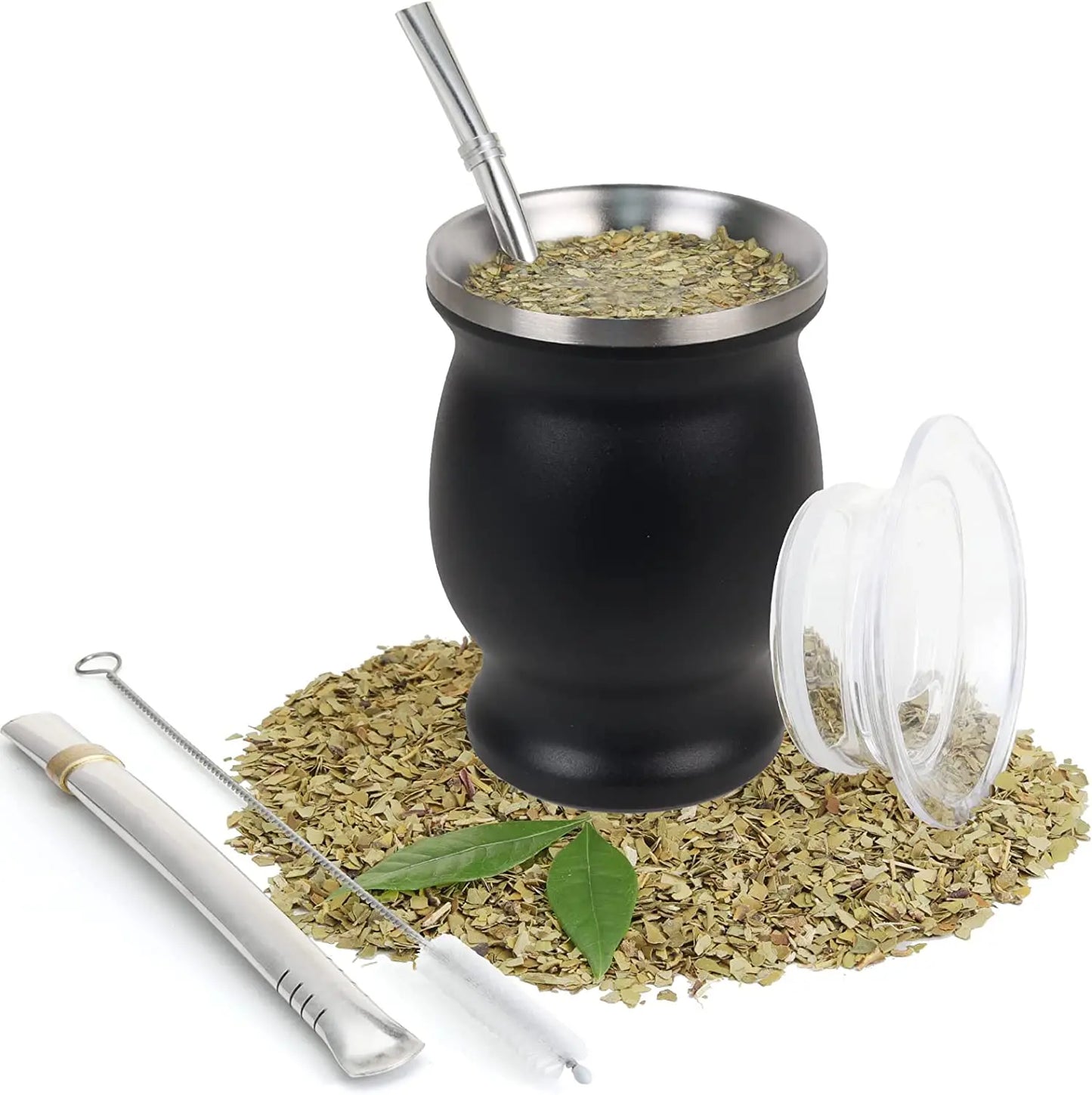 Yerba Mate Natural Gourd Tea Cup Set With Lid 230ML Includes 2 Bombillas