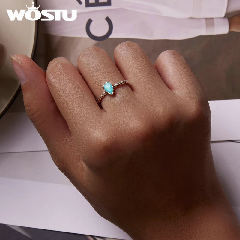 WOSTU 925 Sterling Silver Turquoise Waterdrop Ring for Women
