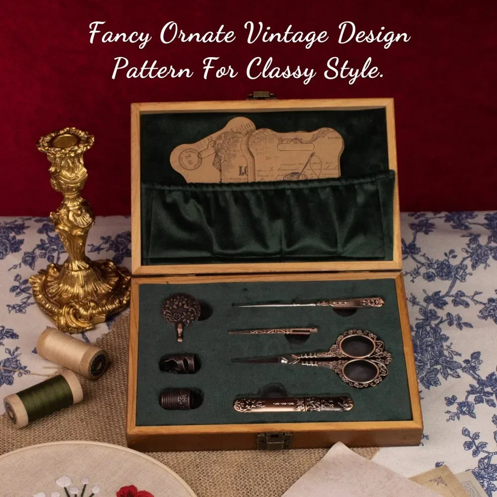 Vintage Sewing Kit Complete European Style Antique Embroidery Scissors Set with Needles and Craft Supplies for DIY Projects