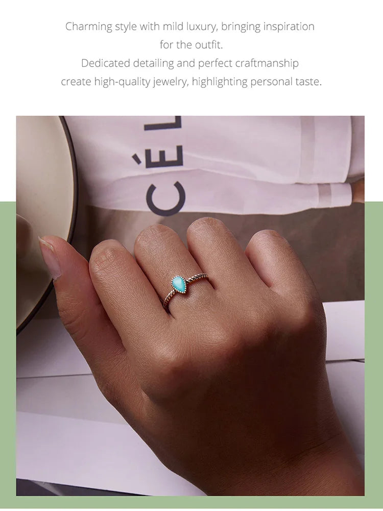 WOSTU 925 Sterling Silver Turquoise Waterdrop Ring for Women