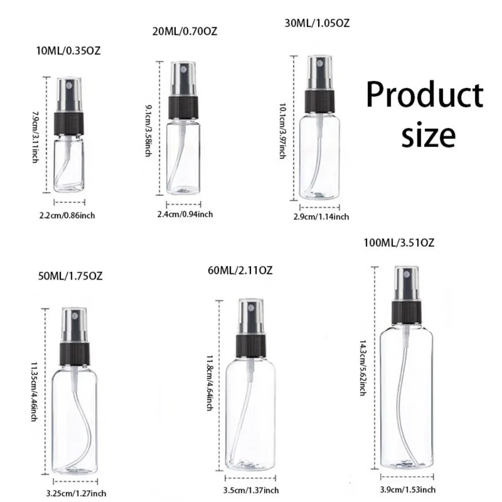 50PCS Fine Mist Clear Spray Bottles in 10ml 20ml 30ml 50ml 60ml 100ml for Essential Oils Travel Perfumes Refillable Pump Caps