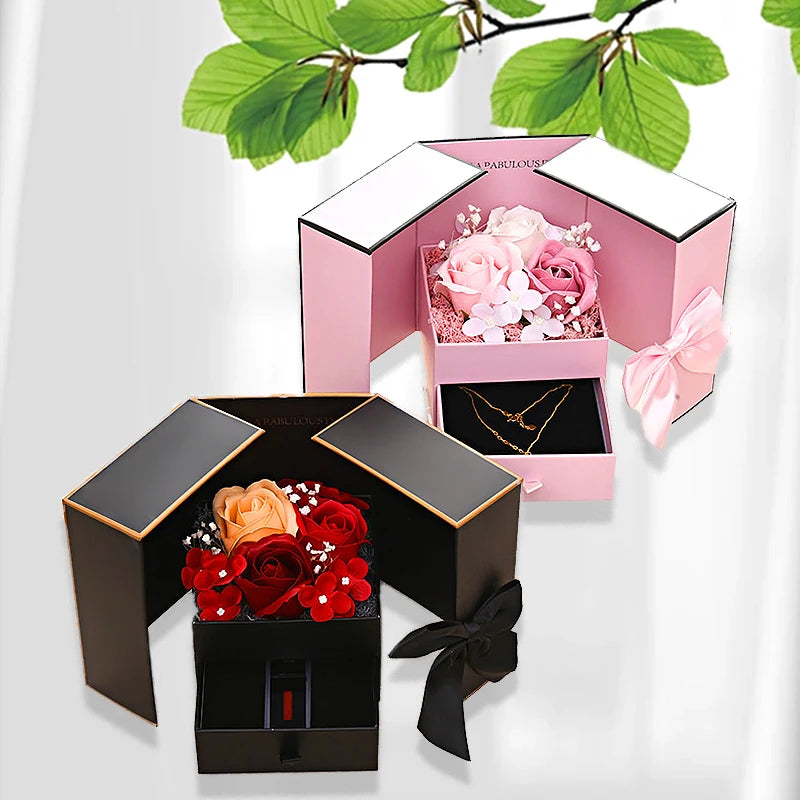Rose Jewelry Gift Box Bow Luxury Double Door Drawer Packaging for Girlfriend Mom Romantic Flower