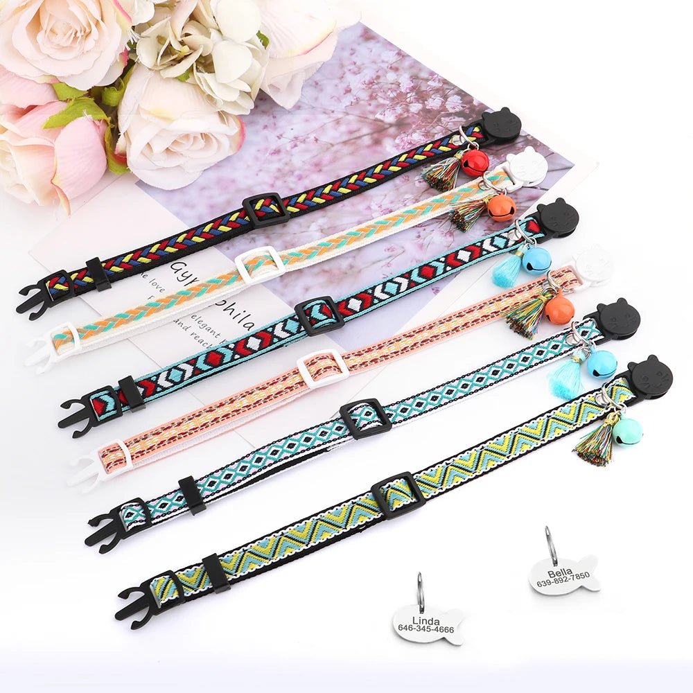 Quick Release Cat Collar Personalized Bohemian Style Cat Collars Safety Kitten Necklace with Fish ID Tag Bell Anti-lost For Cats
