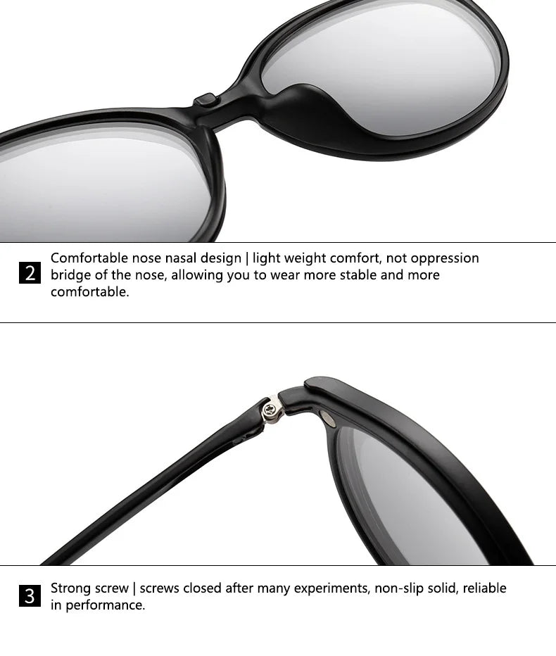 6 In 1 Spectacle Frame Men Women with Clip On Polarized Sunglasses