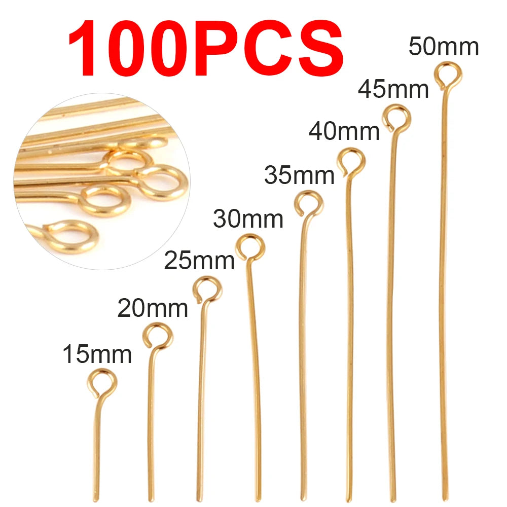100pcs 15-50MM Stainless Steel Flat Head Eye Pins for Jewelry Making