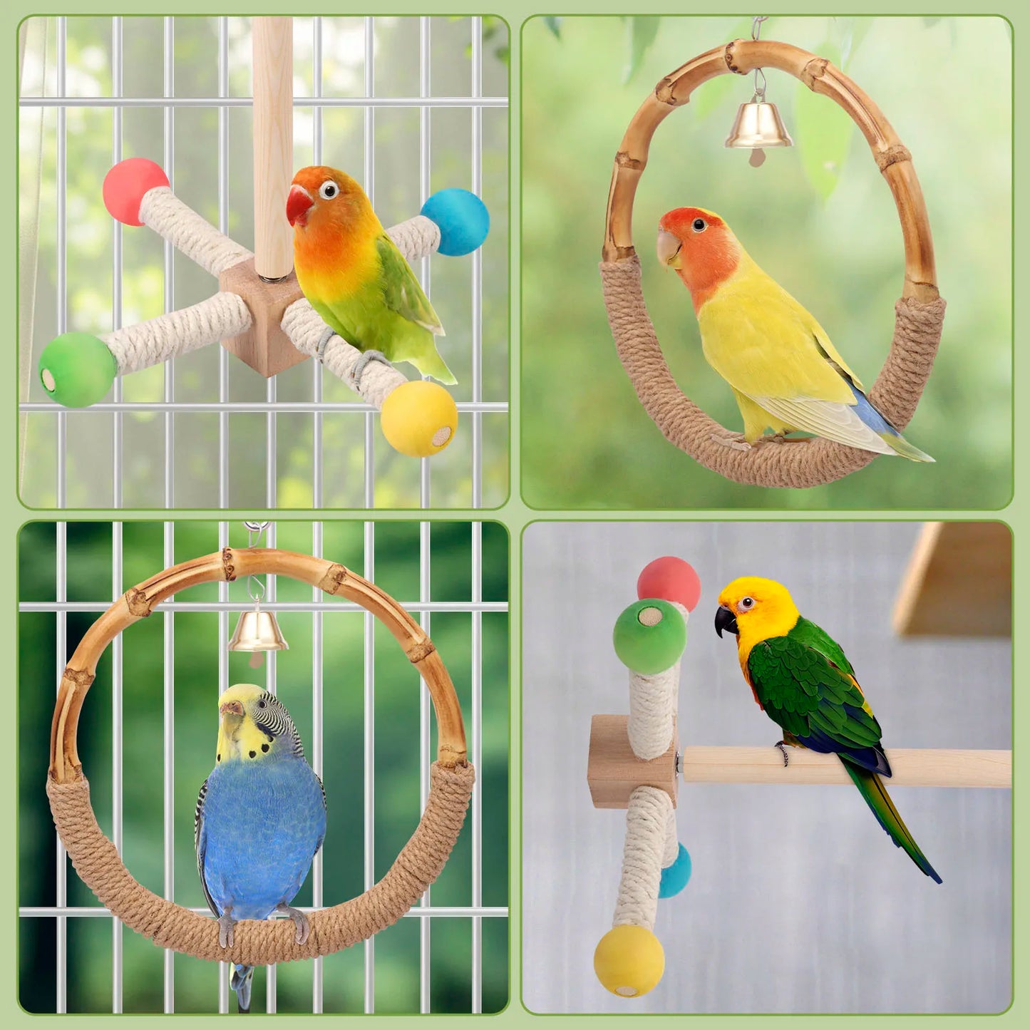2Pcs Bird Standing Toy Set 360° Rotatable & Bell Wooden Interactive Spinning Parakeet Toys for Bird Cage Accessories NEW