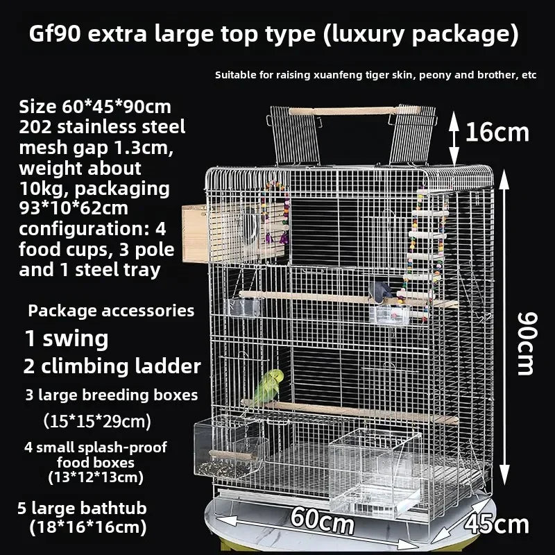 Horizontal silk parrot cage Bird cage Stainless steel bathing Peony Xuanfeng special cage Luxury villa breeding box Household ca