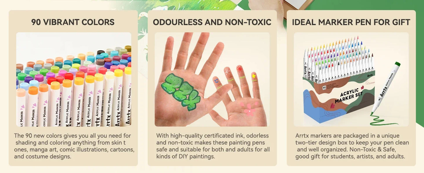 Arrtx 90 Colors Paint Markers Brush Tip for DIY Crafts