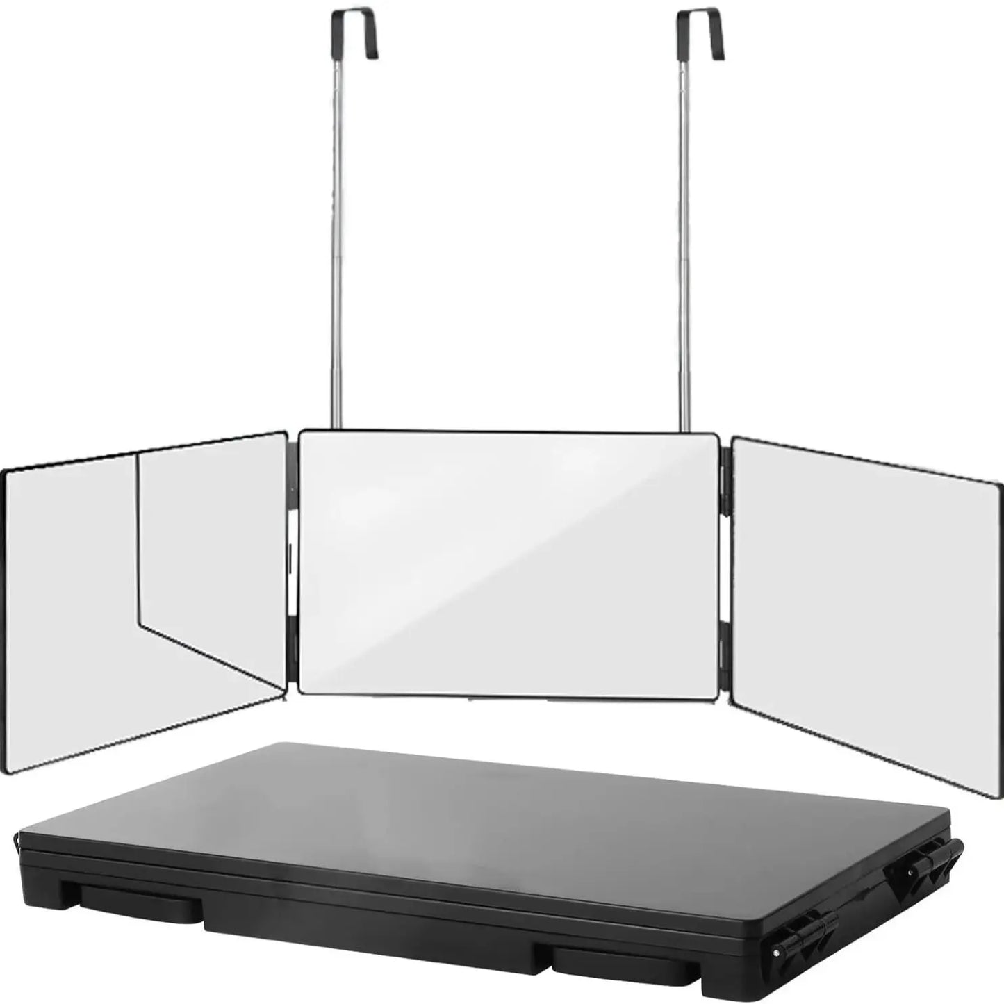 Black Portable 360 Degree Trifold Mirror with Height Adjustable Telescoping Hooks for Self Hair Cutting and Makeup Application